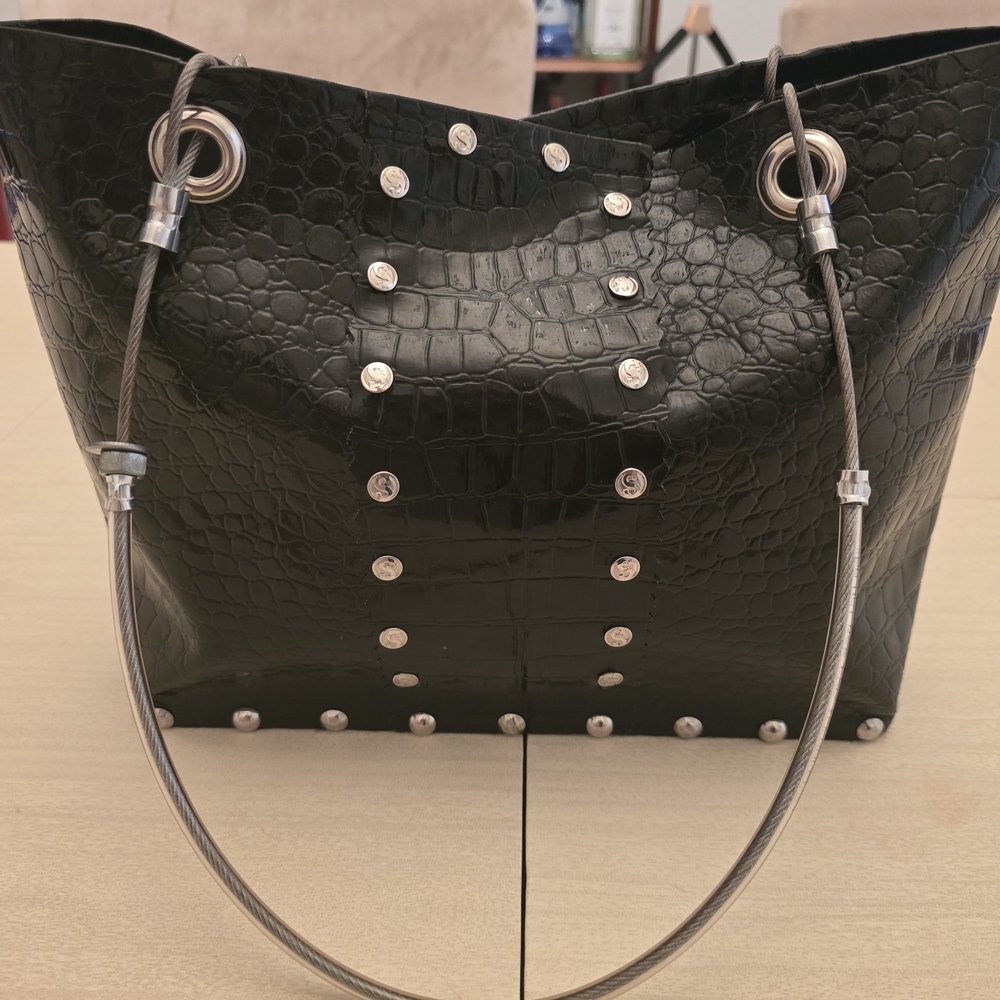 Stash Brand Vintage Elegant Black Croc-Embossed Tote Bag with Wood Base Like New - Picture 2 of 13